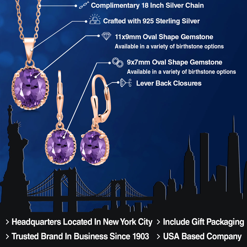 Amethyst - February_Pendant Earrings Set in 925 Rose Gold Plated Silver