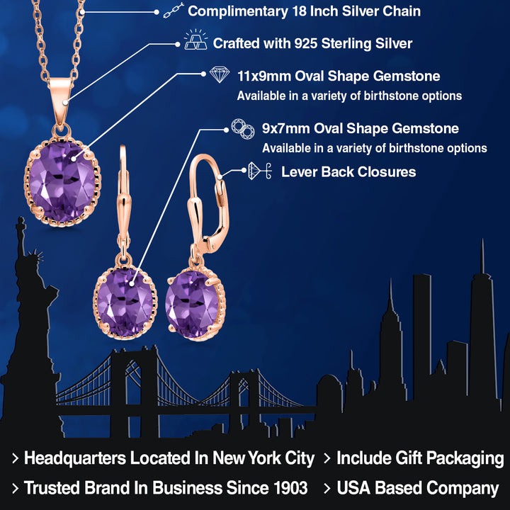 Amethyst - February_Pendant Earrings Set in 925 Rose Gold Plated Silver