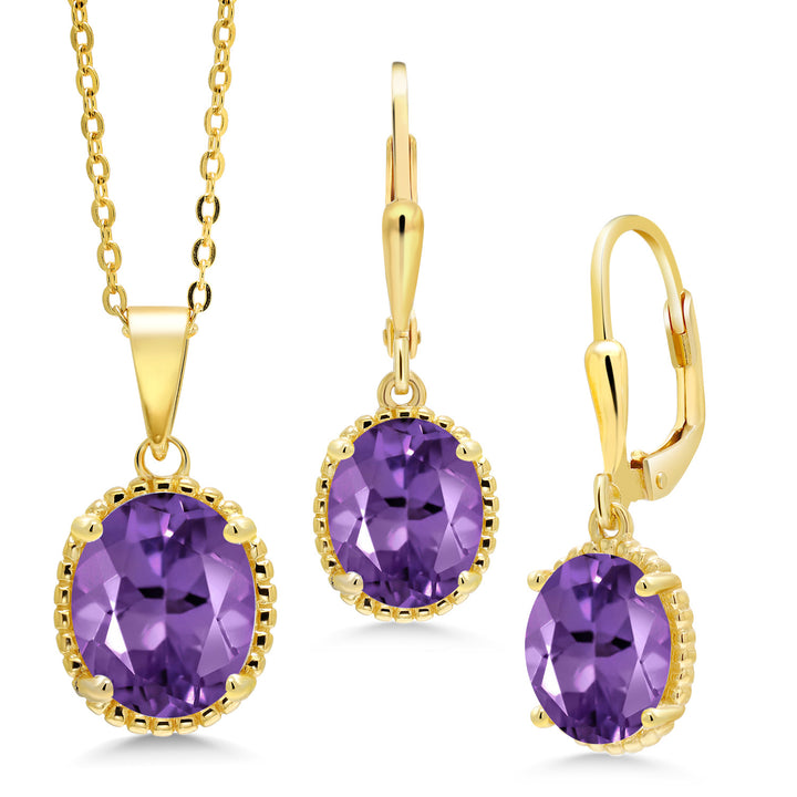 Amethyst - February_Pendant Earrings Set in 925 Yellow Gold Plated Silver