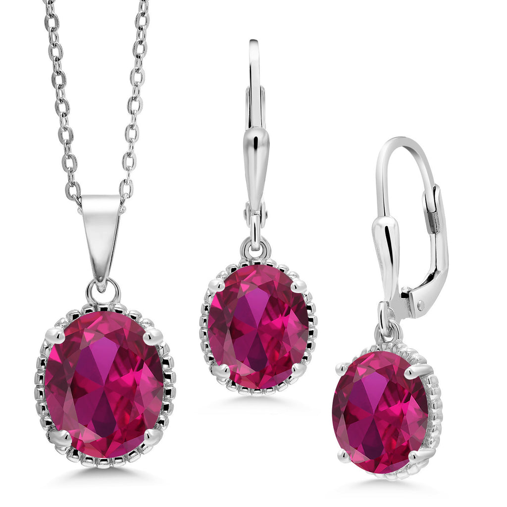 Created Ruby - July_Pendant Earrings Set in 925 Sterling Silver