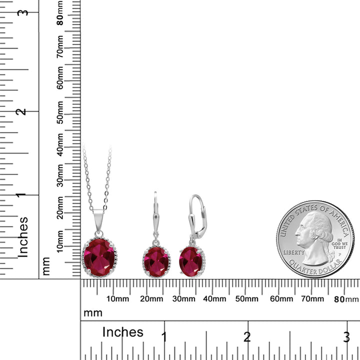 925 Sterling Silver Red Created Ruby Pendant and Earrings Jewelry Set For Women (8.00 Cttw, Oval 11X9MM and 9X7MM, with 18 Inch Silver Chain)