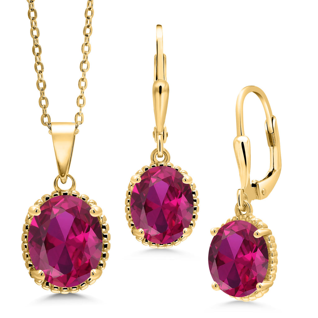 Created Ruby - July_Pendant Earrings Set in 925 Yellow Gold Plated Silver
