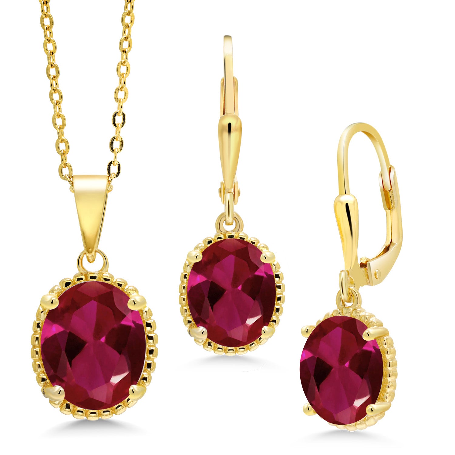 18K Yellow Gold Plated Silver Oval Red Created Ruby Pendant and Earrings Jewelry Set For Women (8.00 Cttw, with 18 Inch Chain)