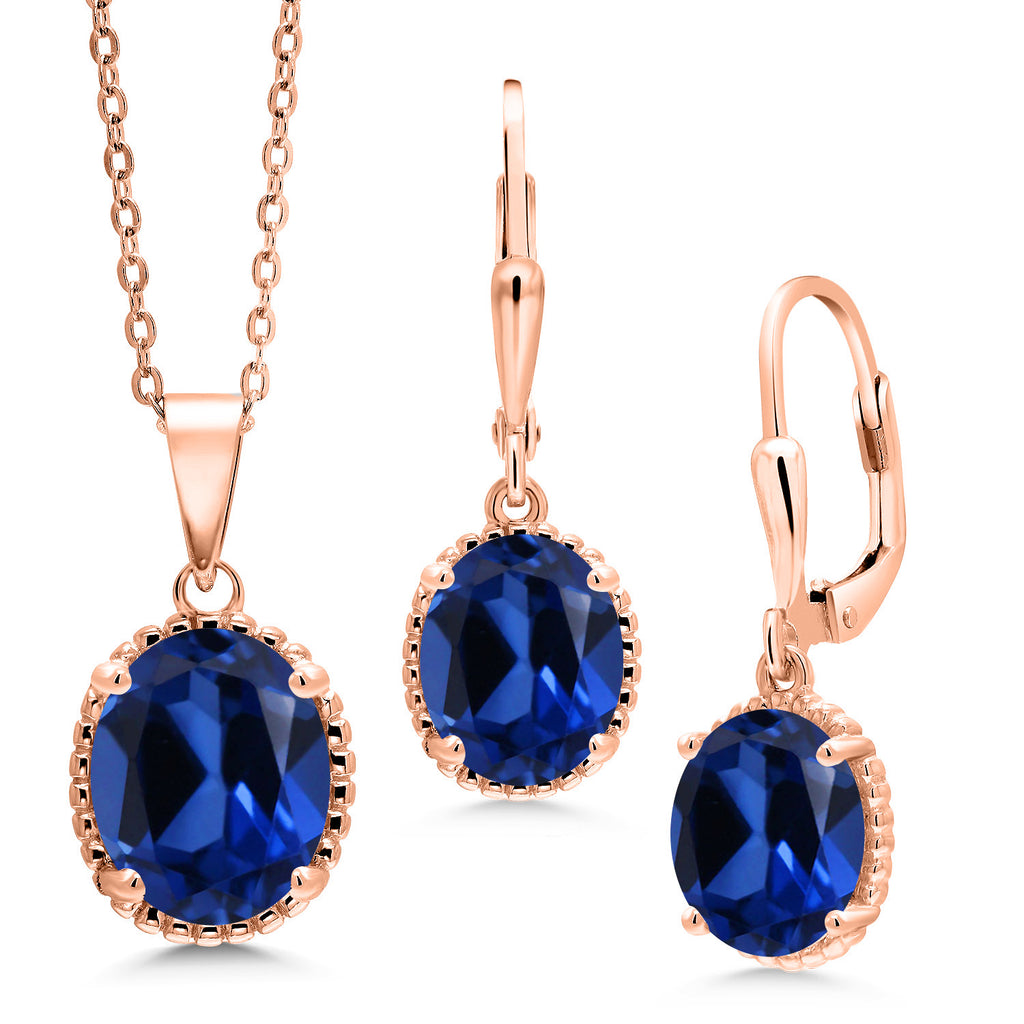 Blue Created Sapphire - September_Pendant Earrings Set in 925 Rose Gold Plated Silver