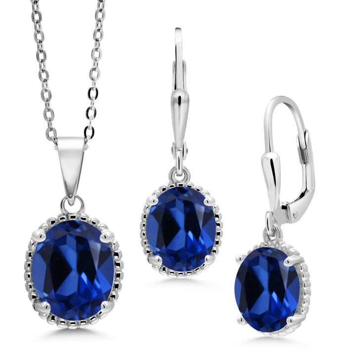 Blue Created Sapphire - September_Pendant Earrings Set in 925 Sterling Silver