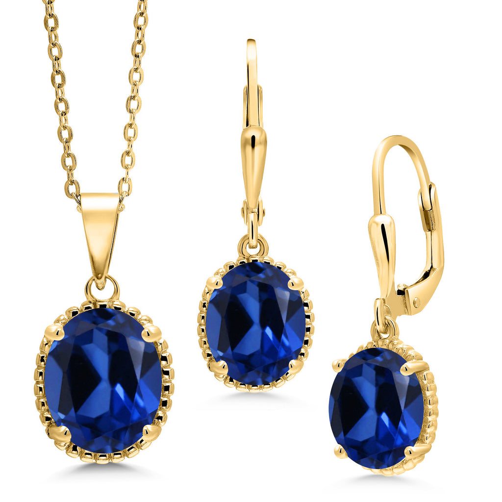 Blue Created Sapphire - September_Pendant Earrings Set in 925 Yellow Gold Plated Silver