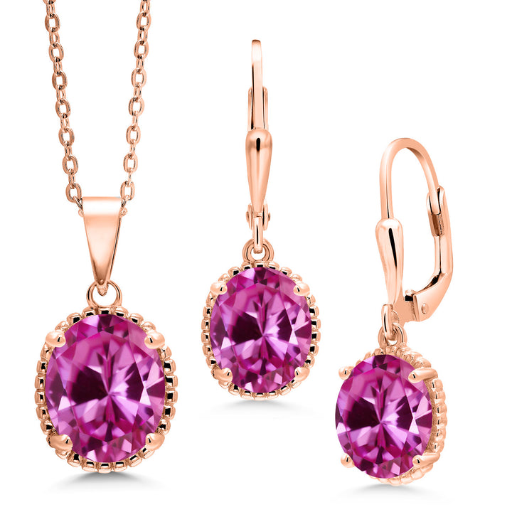 Pink Created Sapphire - September_Pendant Earrings Set in 925 Rose Gold Plated Silver