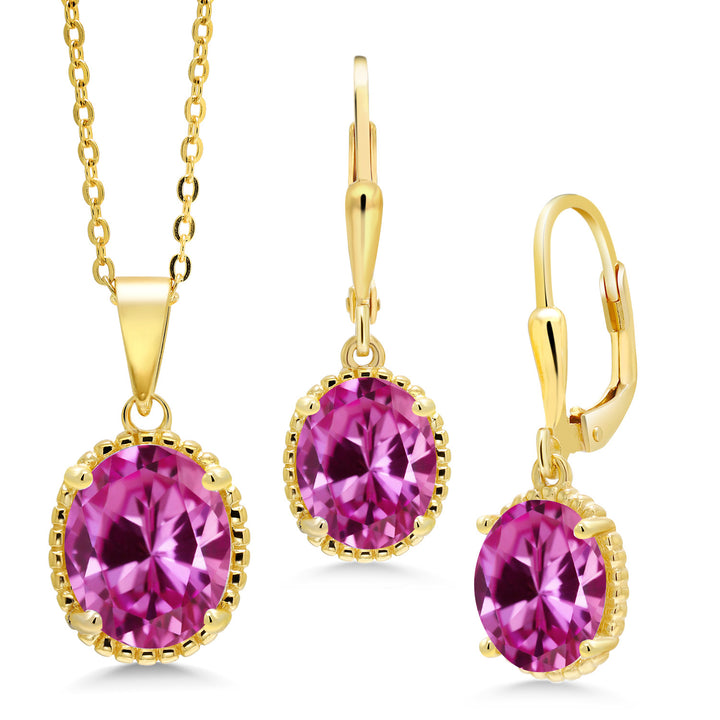 Pink Created Sapphire - September_Pendant Earrings Set in 925 Yellow Gold Plated Silver