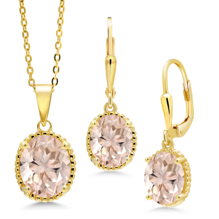 Morganite - October_Pendant Earrings Set in 925 Yellow Gold Plated Silver