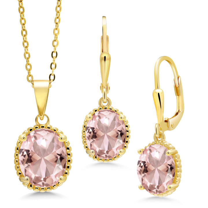 Nano Morganite - October_Pendant Earrings Set in 925 Yellow Gold Plated Silver