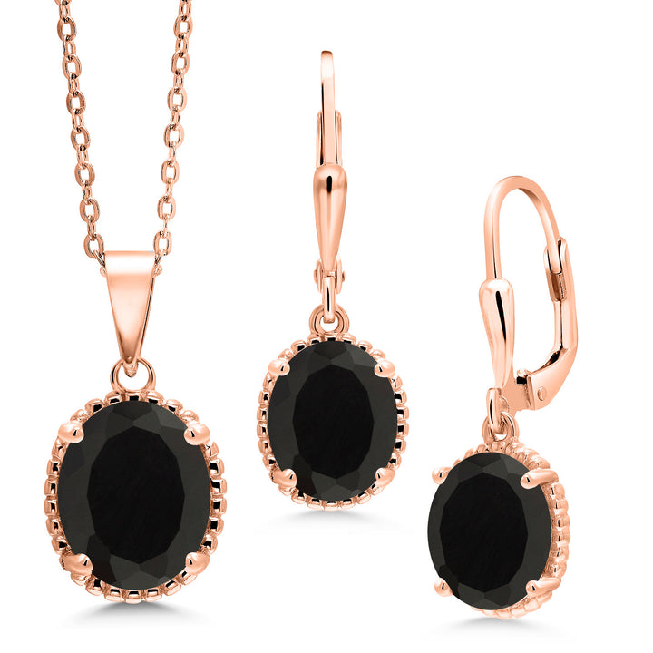 Onyx - December_Pendant Earrings Set in 925 Rose Gold Plated Silver