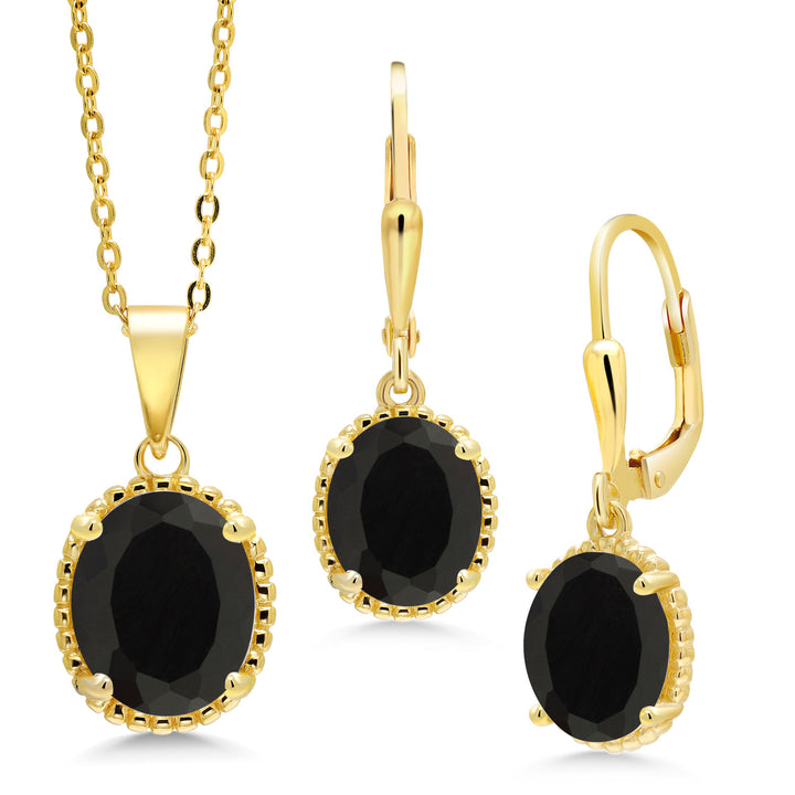 Onyx - December_Pendant Earrings Set in 925 Yellow Gold Plated Silver