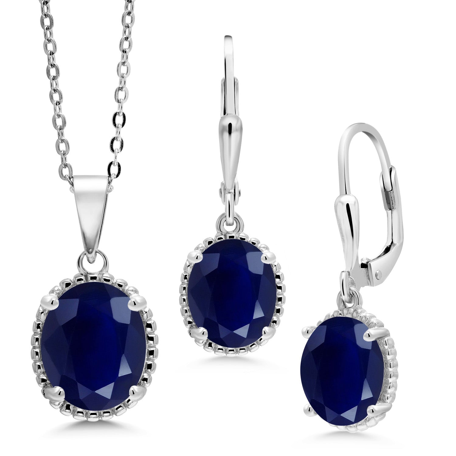 925 Sterling Silver Blue Sapphire Pendant and Earrings Jewelry Set For Women (8.90 Cttw, Gemstone Birthstone, Oval 11X9MM and 9X7MM, with 18 Inch Silver Chain)