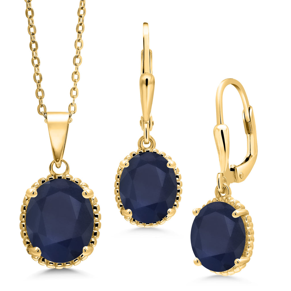 Blue Sapphire - September_Pendant Earrings Set in 925 Yellow Gold Plated Silver