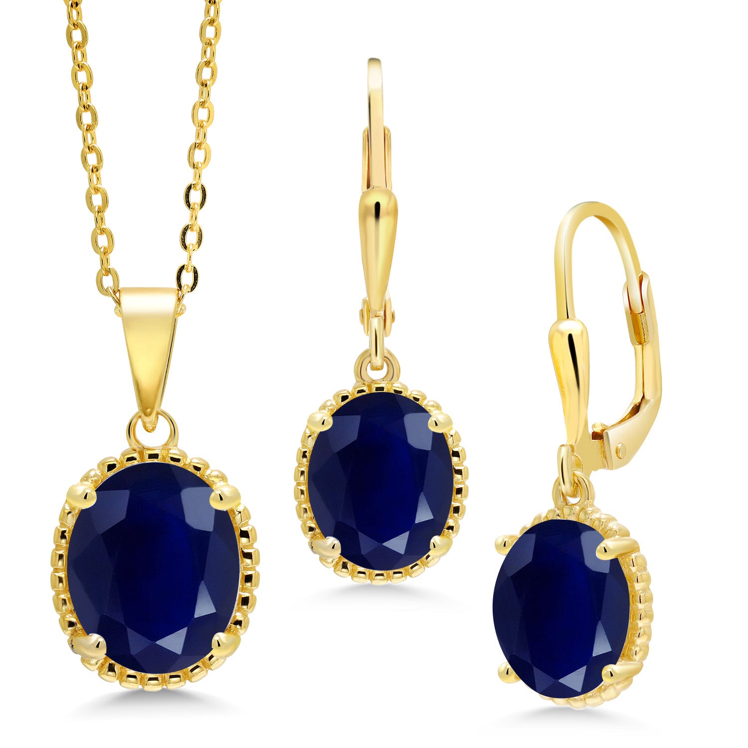 18K Yellow Gold Plated Silver Blue Sapphire Pendant and Earrings Jewelry Set For Women (10.00 Cttw, Oval Gemstone Birthstone, with 18 Inch Chain)