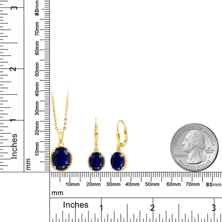 18K Yellow Gold Plated Silver Blue Sapphire Pendant and Earrings Jewelry Set For Women (10.00 Cttw, Oval Gemstone Birthstone, with 18 Inch Chain)