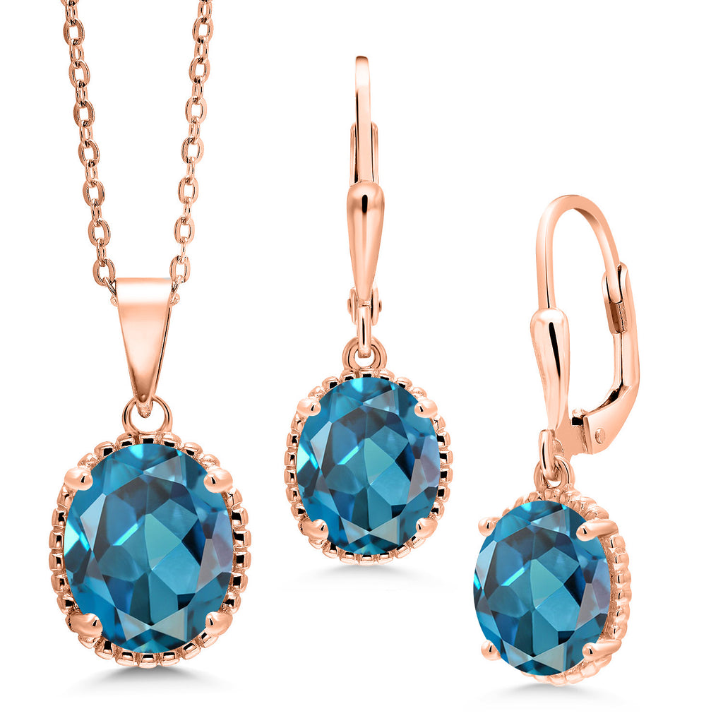 London Blue Topaz - November_Pendant Earrings Set in 925 Rose Gold Plated Silver