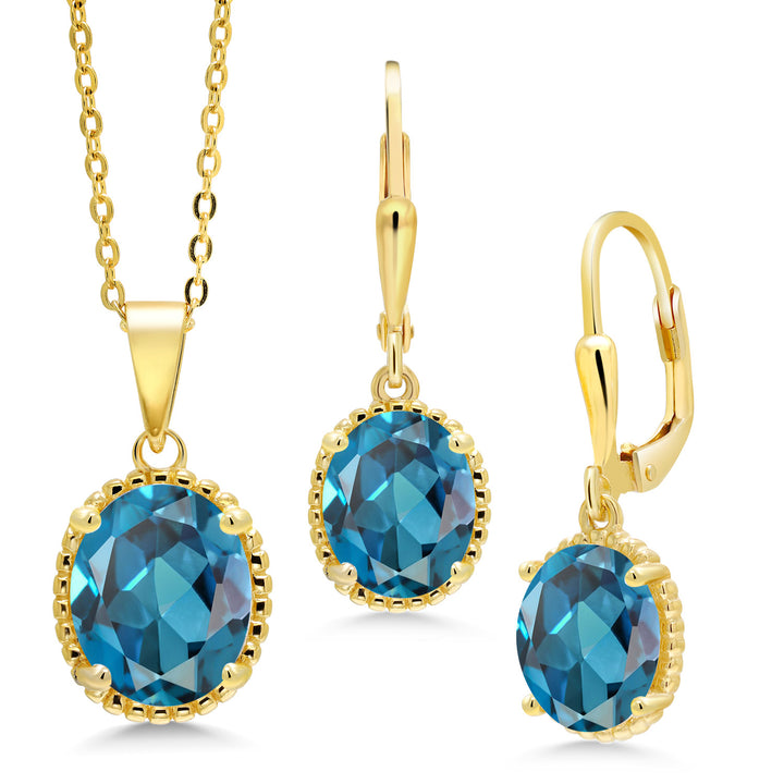 London Blue Topaz - November_Pendant Earrings Set in 925 Yellow Gold Plated Silver