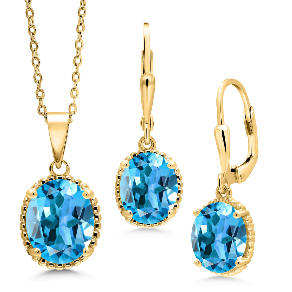Swiss Blue Topaz - November_Pendant Earrings Set in 925 Yellow Gold Plated Silver