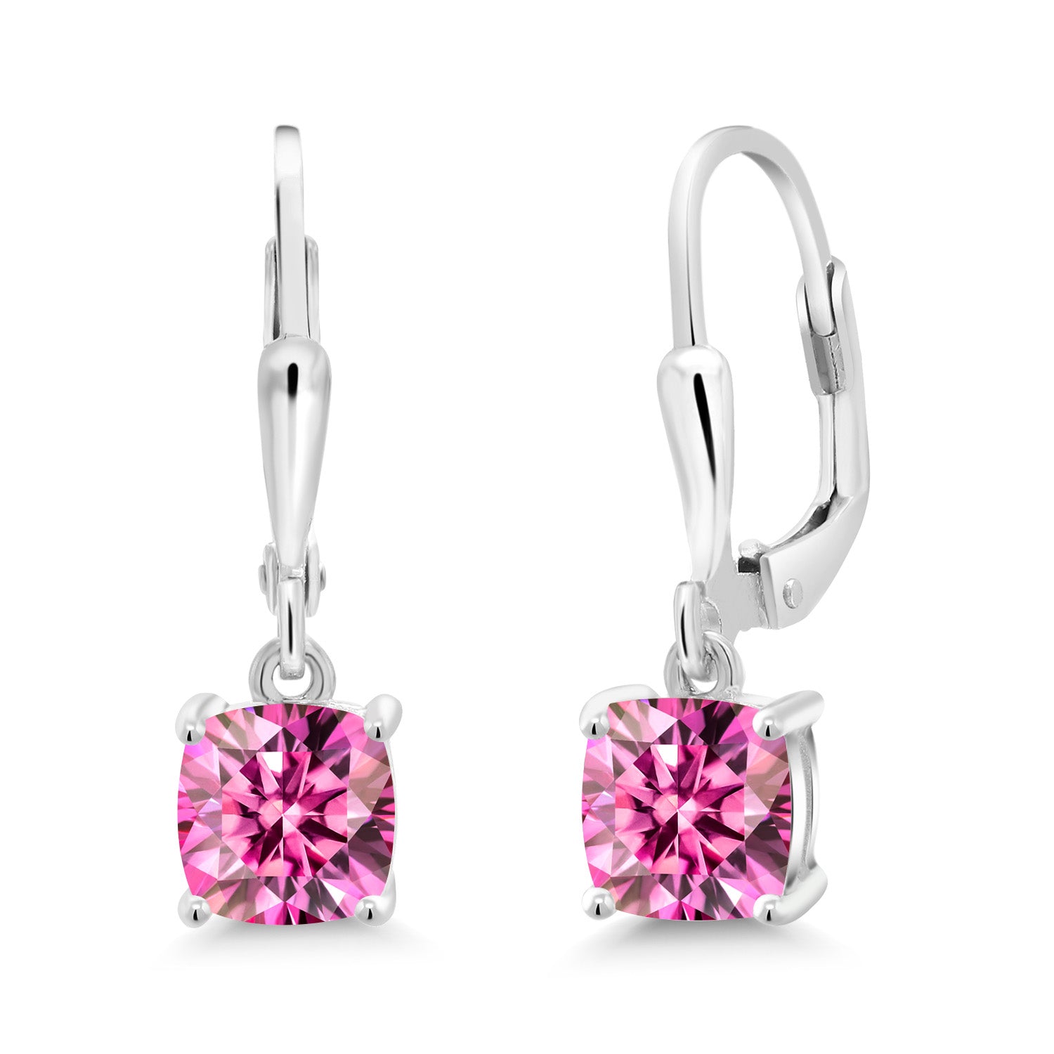 925 Sterling Silver Pink Moissanite Dangle Earrings For Women (2.00 Cttw, Gemstone Birthstone, Cushion 6MM)