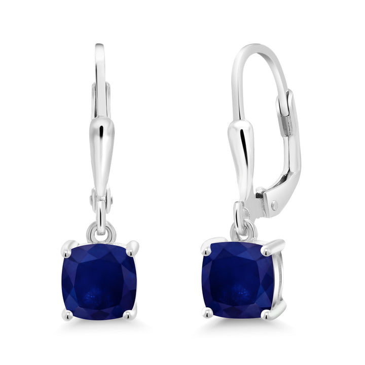 925 Sterling Silver Blue Sapphire Dangle Earrings For Women (2.60 Cttw, Gemstone September Birthstone, Cushion 6MM)