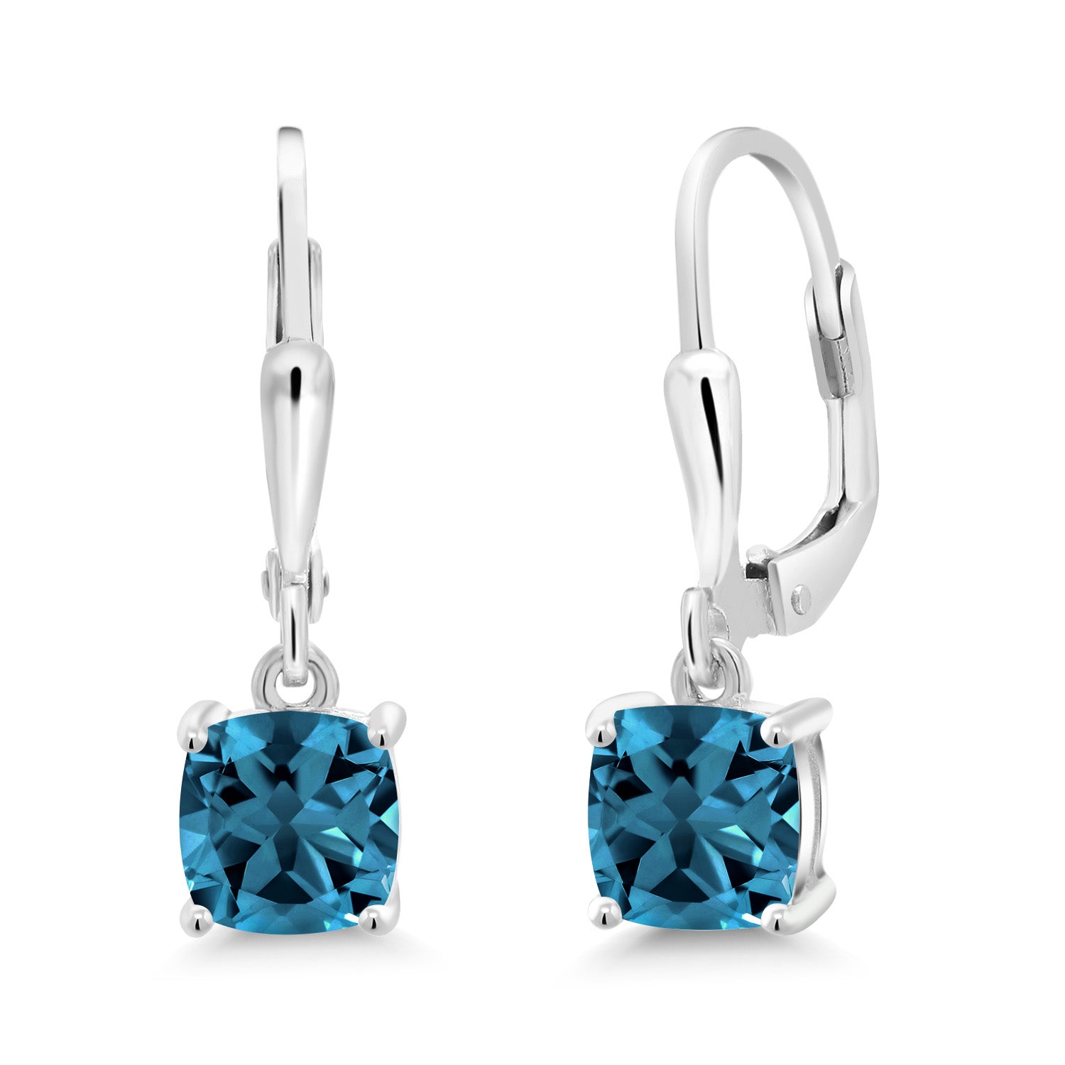 925 Sterling Silver London Blue Topaz Dangle Earrings For Women (2.20 Cttw, Gemstone November Birthstone, Cushion 6MM)