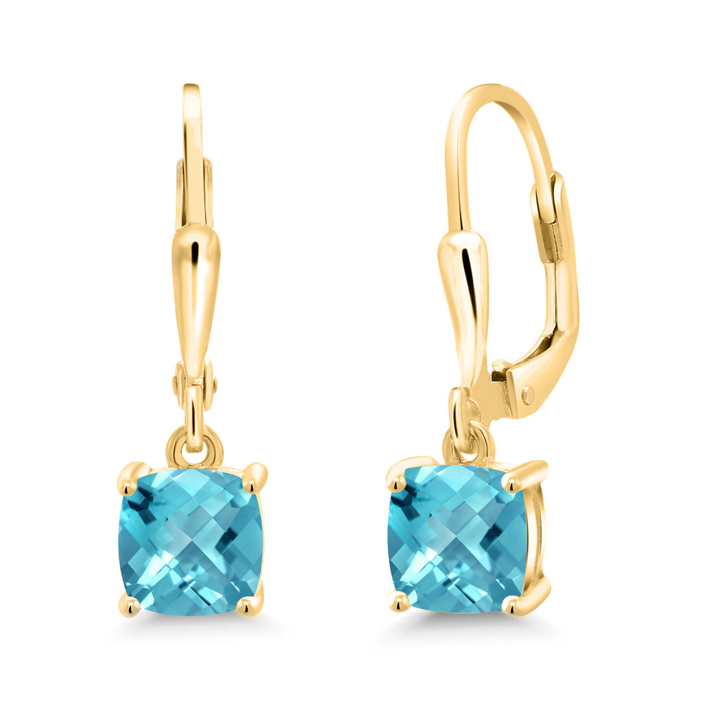 Swiss Blue Topaz-Checkerboard - November_Earrings in 925 Yellow Gold Plated Silver