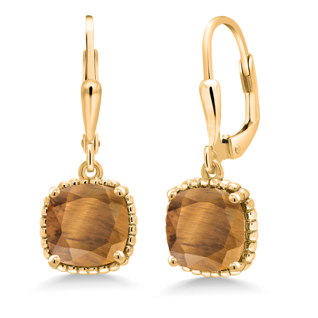 Brown Tiger Eye_Earrings in 925 Yellow Gold Plated Silver