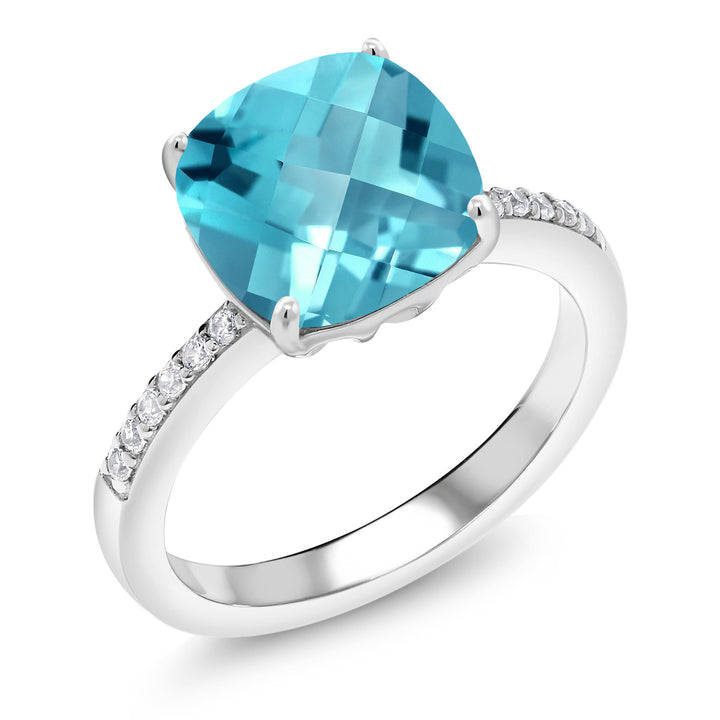 Swiss Blue Topaz-Checkerboard - November_5_Ring in 925 Sterling Silver