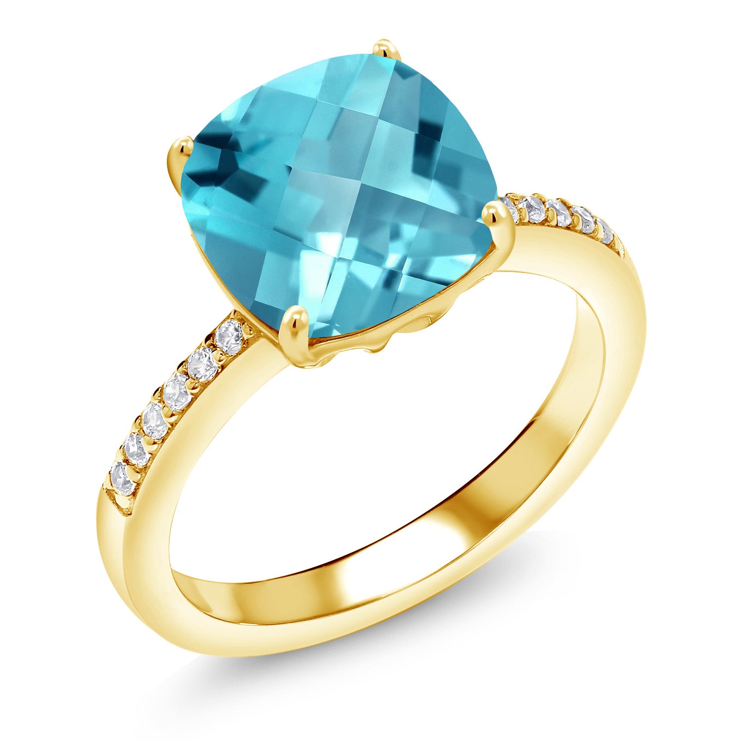 Swiss Blue Topaz-Checkerboard - November_5_Ring in 925 Yellow Gold Plated Silver