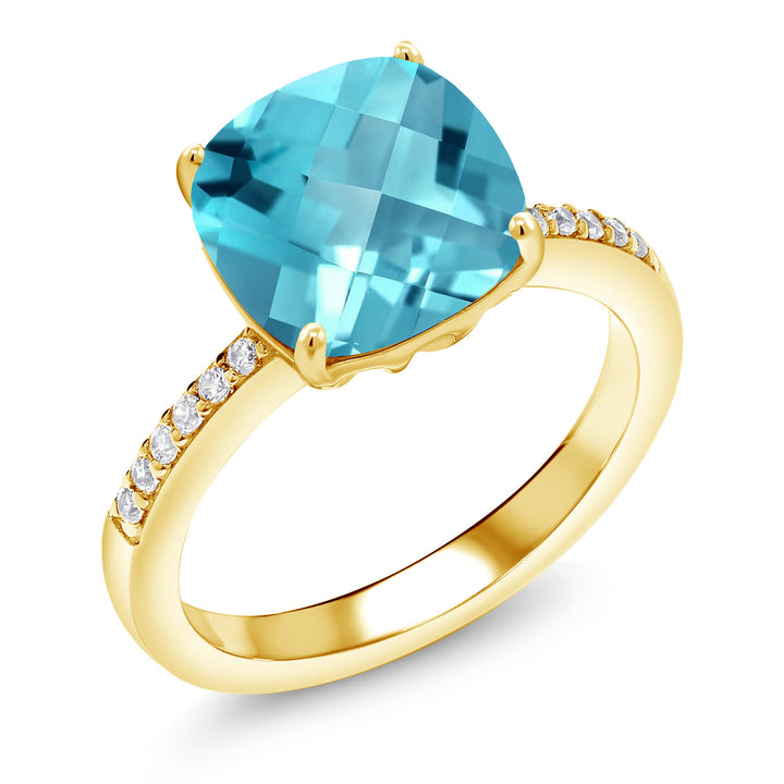 Swiss Blue Topaz-Checkerboard - November_5_Ring in 925 Yellow Gold Plated Silver