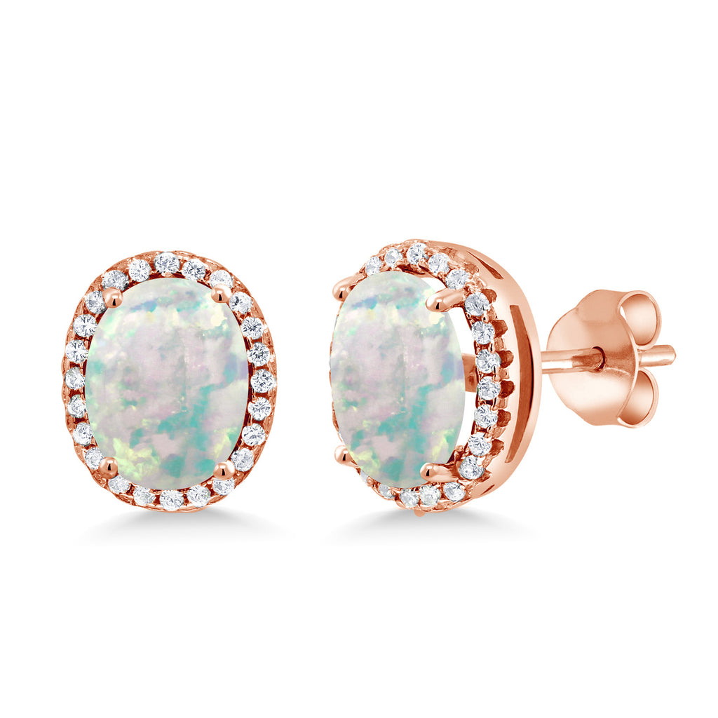 White Simulated Opal-Cabochon - October_Earrings in 925 Rose Gold Plated Silver