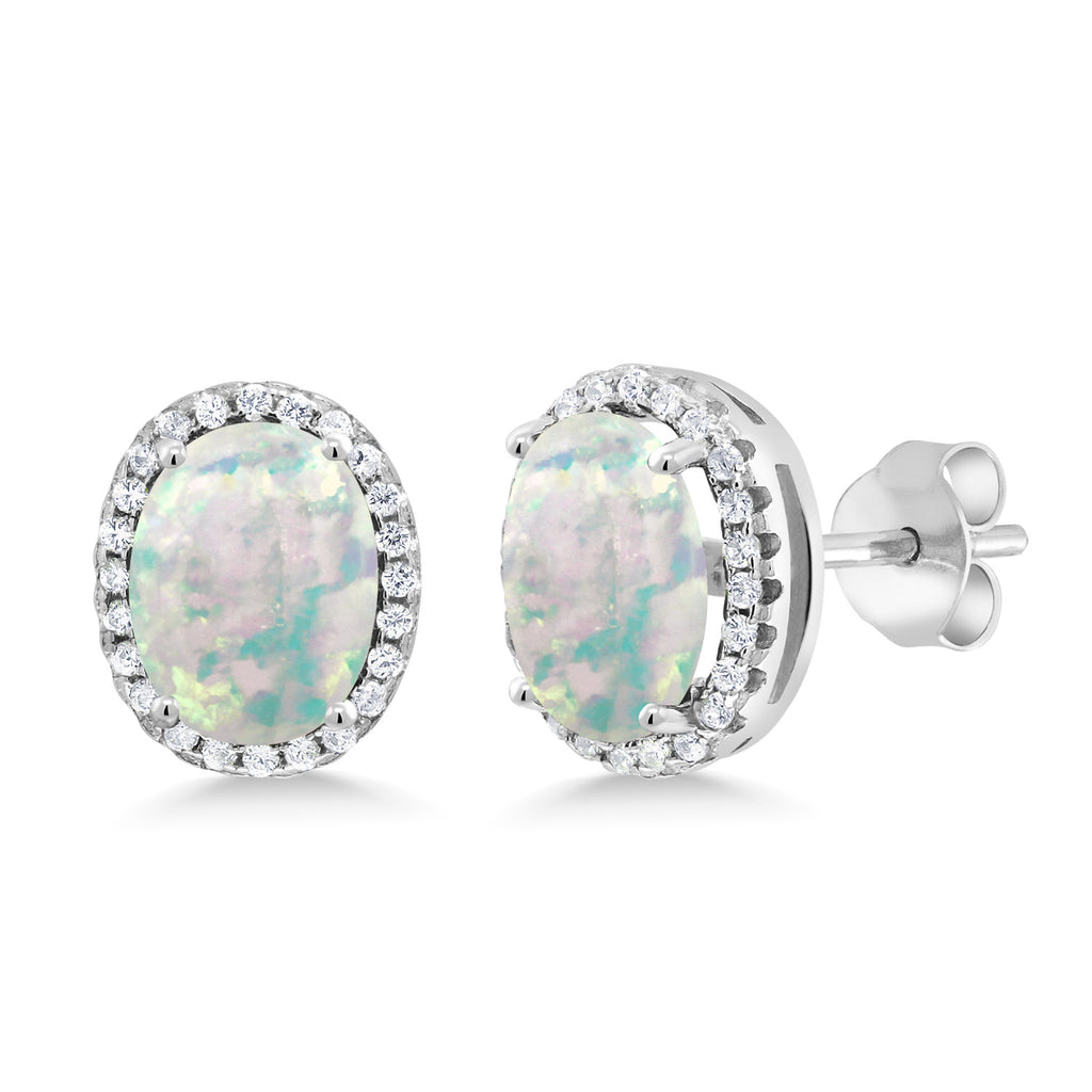 White Simulated Opal-Cabochon - October_Earrings in 925 Sterling Silver