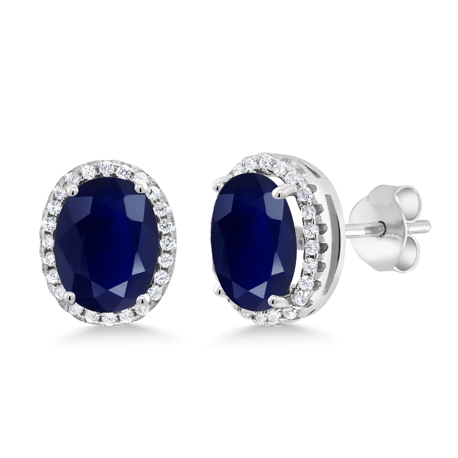 925 Sterling Silver Blue Sapphire Halo Earrings For Women (5.48 Cttw, Gemstone Birthstone, Oval 9X7MM)