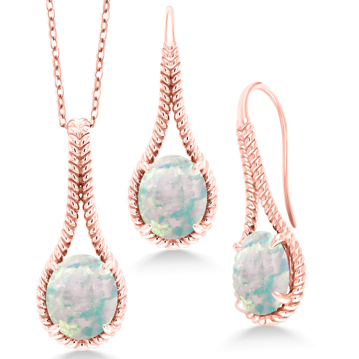 White Simulated Opal-Cabochon - October_Pendant Earrings Set in 925 Rose Gold Plated Silver