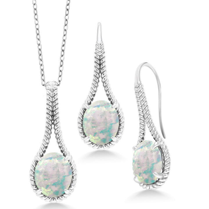 White Simulated Opal-Cabochon - October_Pendant Earrings Set in 925 Sterling Silver