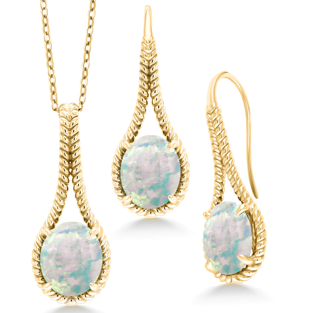 White Simulated Opal-Cabochon - October_Pendant Earrings Set in 925 Yellow Gold Plated Silver