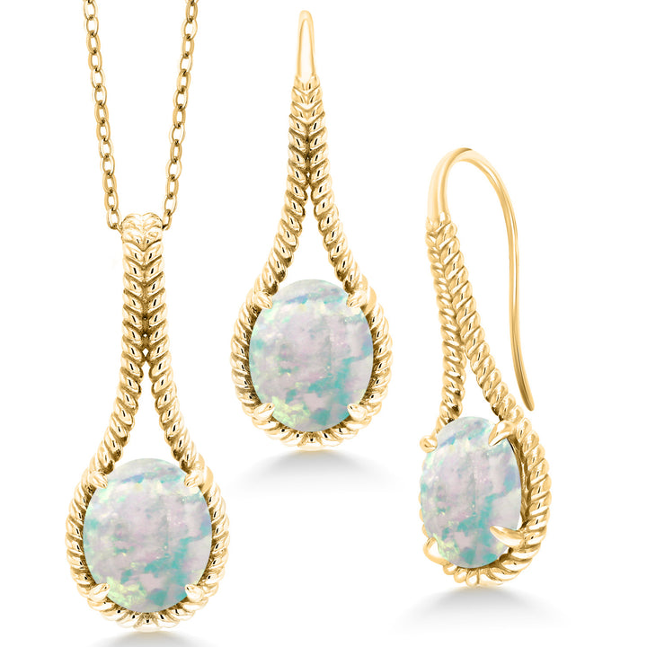 White Simulated Opal-Cabochon - October_Pendant Earrings Set in 925 Yellow Gold Plated Silver