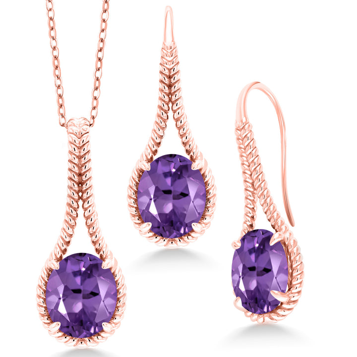 Amethyst - February_Pendant Earrings Set in 925 Rose Gold Plated Silver