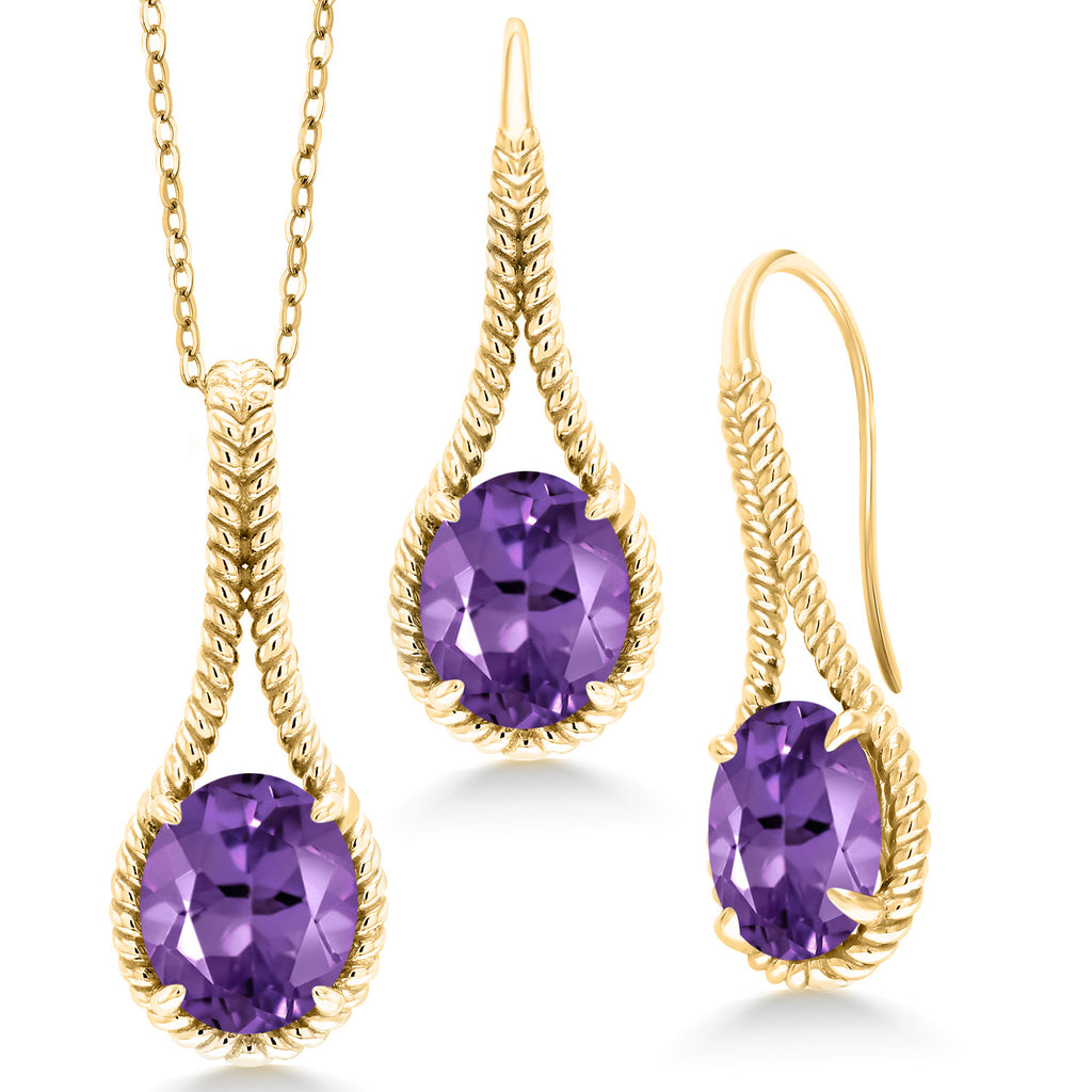 Amethyst - February_Pendant Earrings Set in 925 Yellow Gold Plated Silver