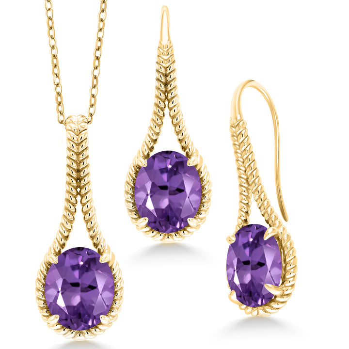Amethyst - February_Pendant Earrings Set in 925 Yellow Gold Plated Silver