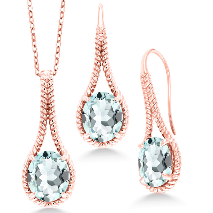 Created Aquamarine - March_Pendant Earrings Set in 925 Rose Gold Plated Silver