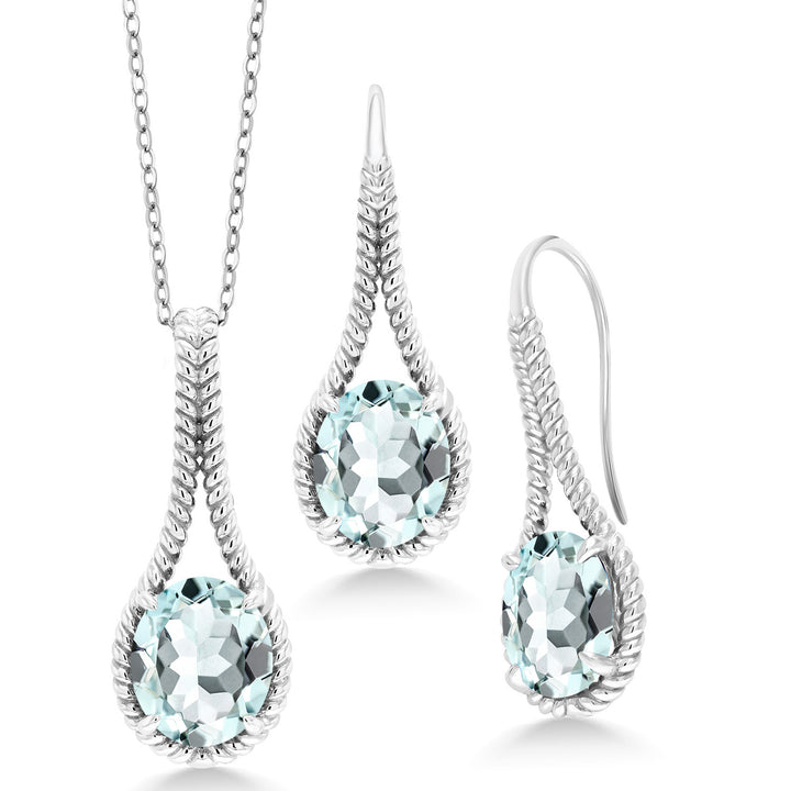 Created Aquamarine - March_Pendant Earrings Set in 925 Sterling Silver
