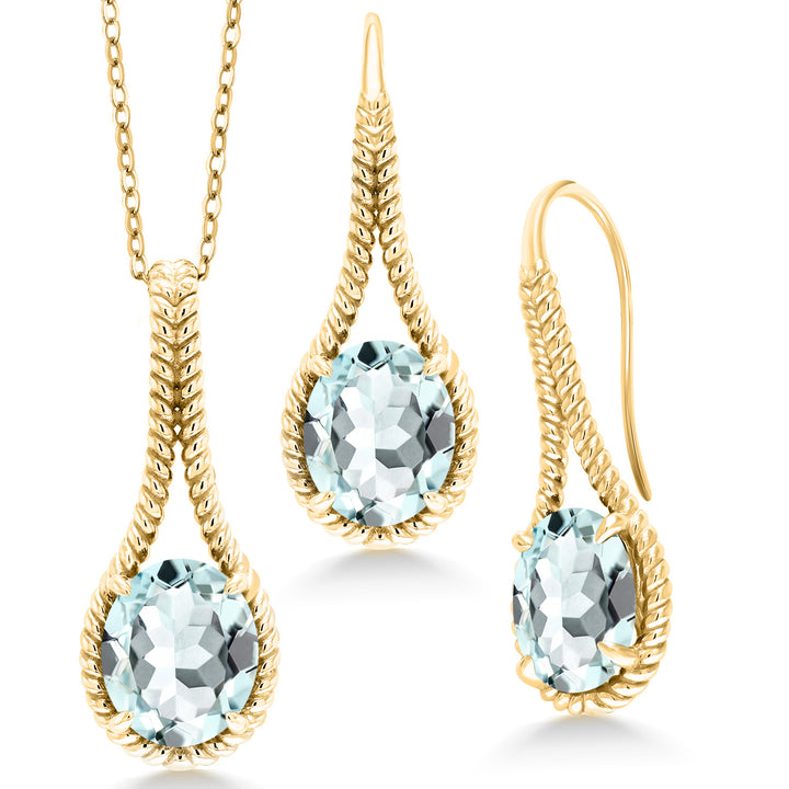 Created Aquamarine - March_Pendant Earrings Set in 925 Yellow Gold Plated Silver