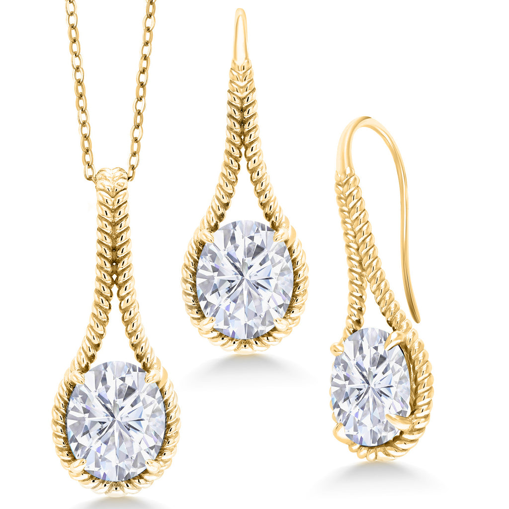 White Moissanite - April_Pendant Earrings Set in 925 Yellow Gold Plated Silver