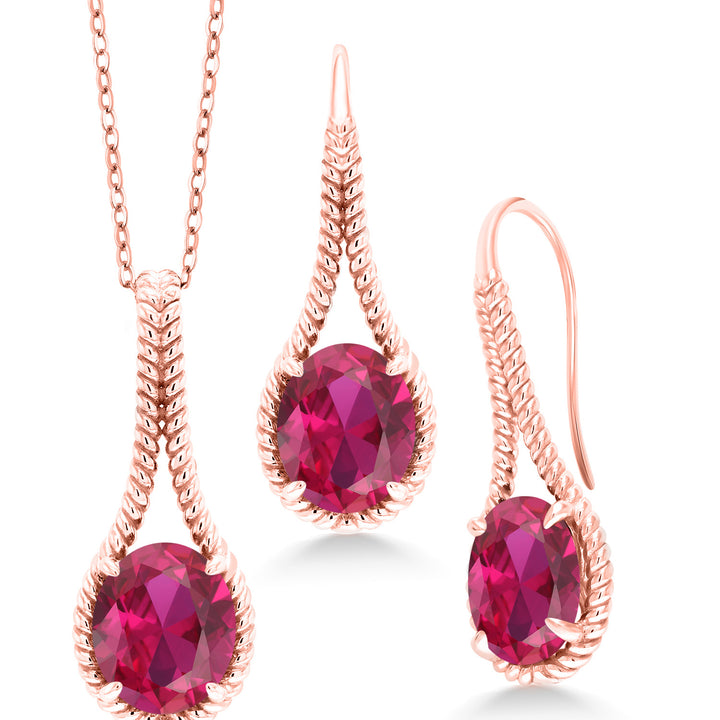 Created Ruby - July_Pendant Earrings Set in 925 Rose Gold Plated Silver