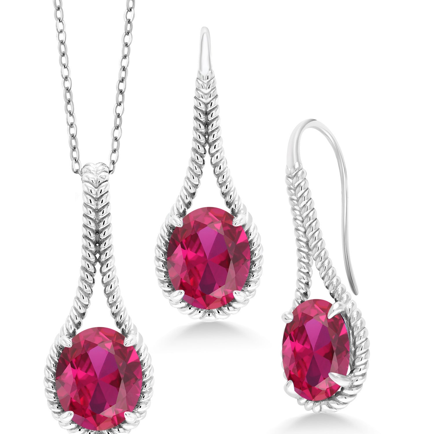 15.00 Cttw Oval Red Created Ruby Pendant and Earrings Jewelry Set For Women In 925 Sterling Silver | Oval 12X10MM | With 18 Inch Silver Chain