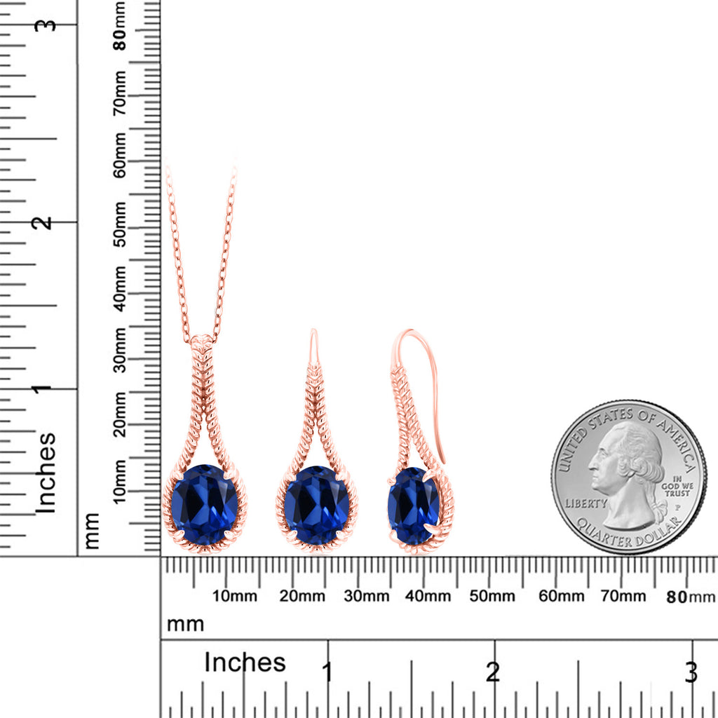 Blue Created Sapphire - September_Pendant Earrings Set in 925 Rose Gold Plated Silver
