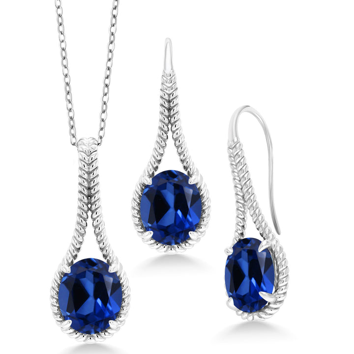 Blue Created Sapphire - September_Pendant Earrings Set in 925 Sterling Silver