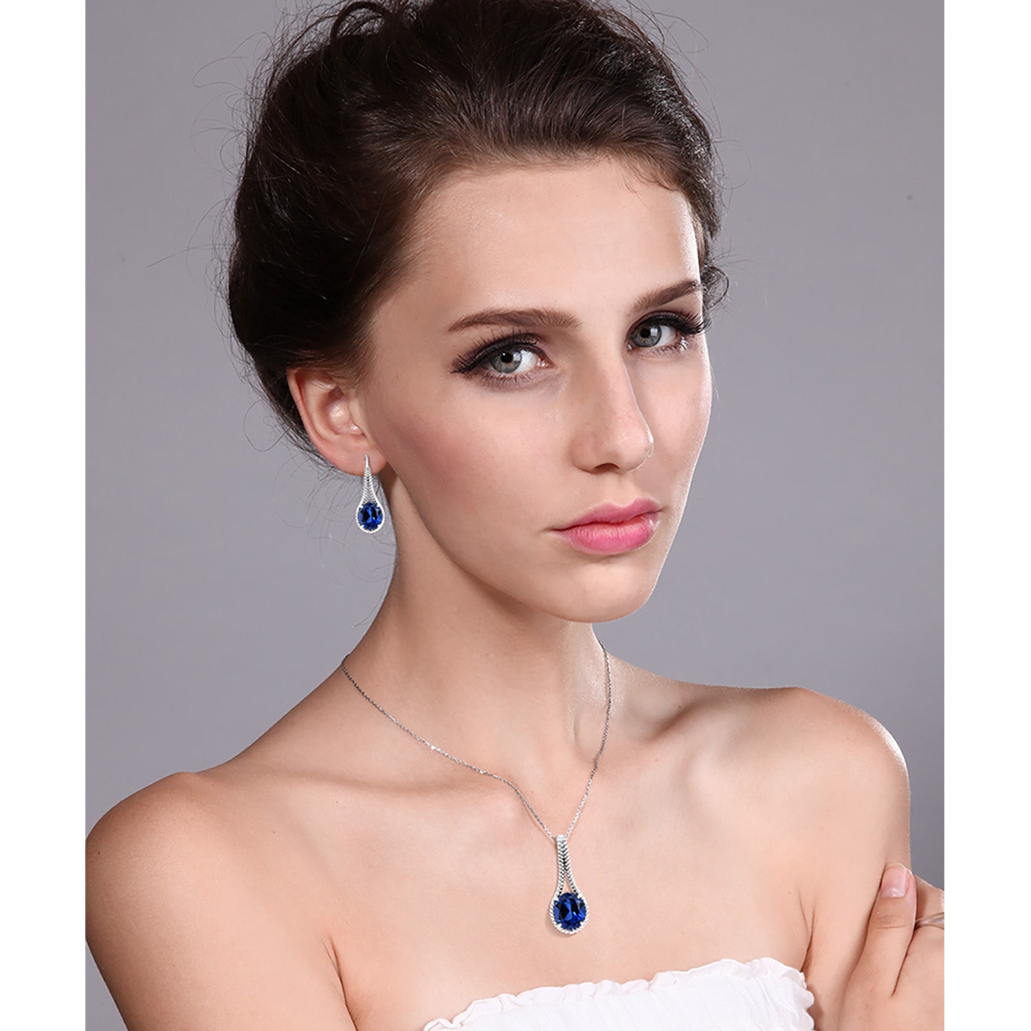 Blue Created Sapphire - September_Pendant Earrings Set in 925 Sterling Silver